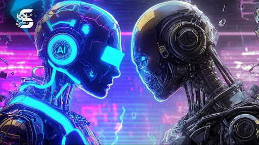 A hyper-realistic close-range poker confrontation between a traditional mechanical poker bot and a modern AI-assisted poker strategist